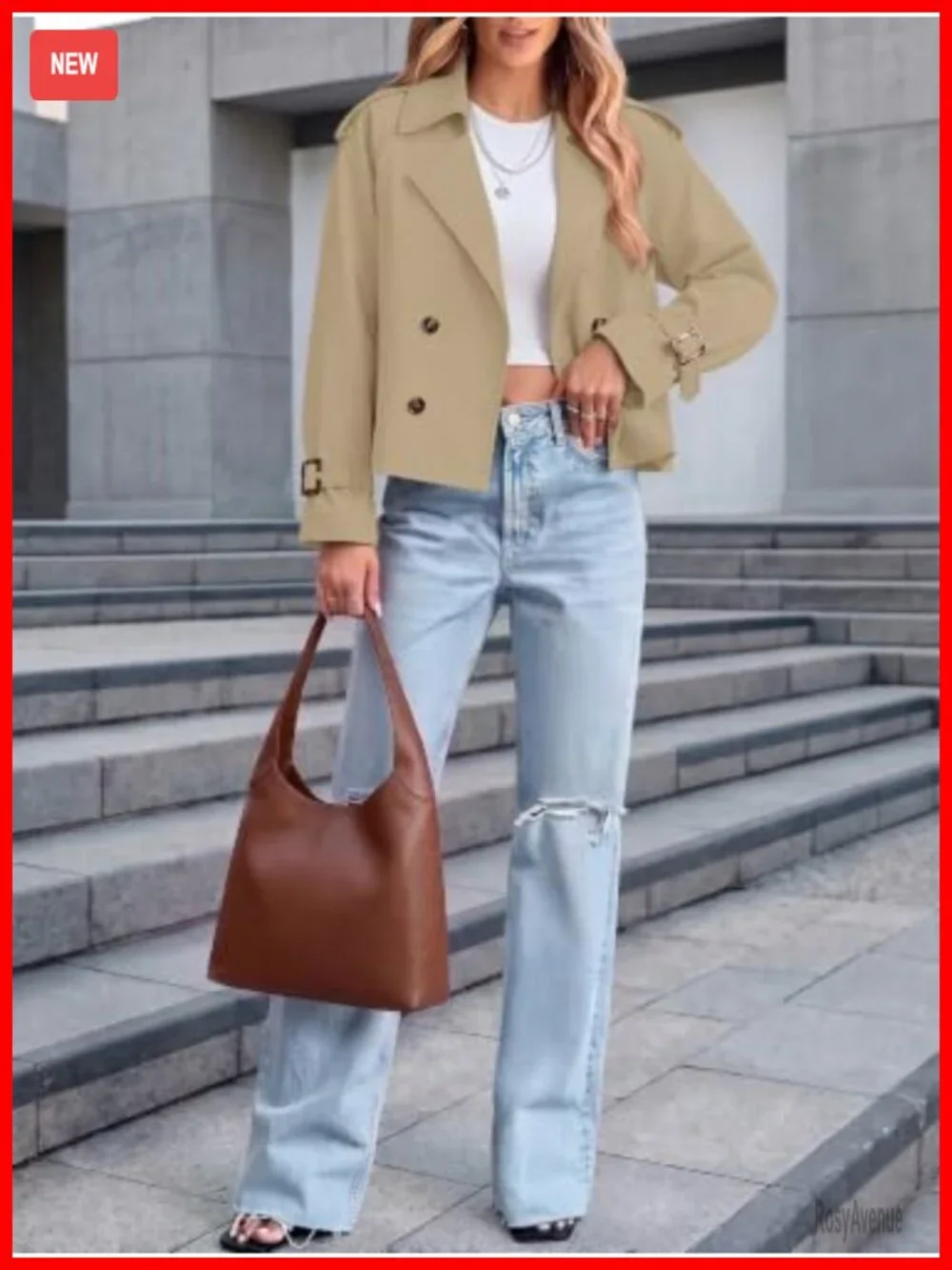 Cropped Double Breasted Trench Coat Raglan Sleeve Notch Collar Women's